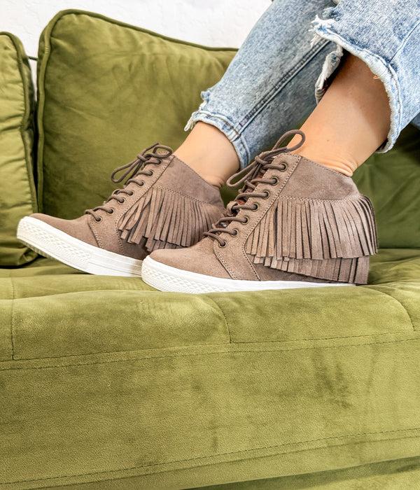 Naughty Monkey Nick Fringe Sneaker Wedge In Taupe