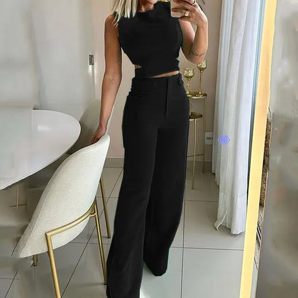 Navy London Jhara - Chic Cropped Top High Waist Long Trousers Suits