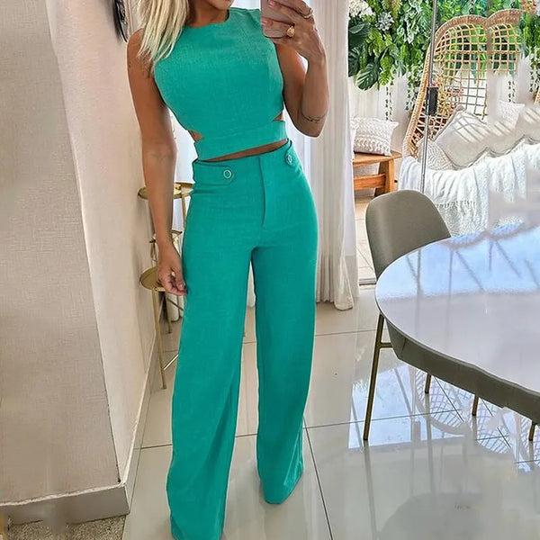 Navy London Jhara - Chic Cropped Top High Waist Long Trousers Suits