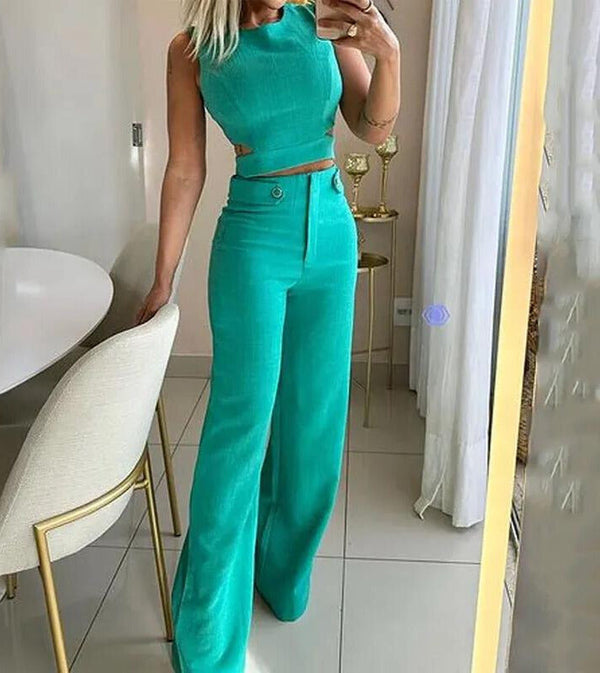 navy london Jhara - Chic Cropped Top High Waist Long Trousers Suits