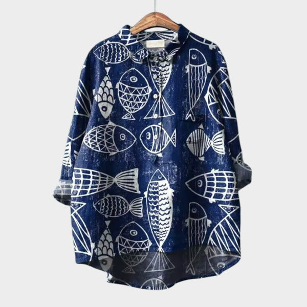 Navy London LUCIANA | Oversized Blouse With Stylised Cats And Unique Comfort For Every Day