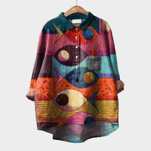 Navy London LUCIANA | Oversized Blouse With Stylised Cats And Unique Comfort For Every Day