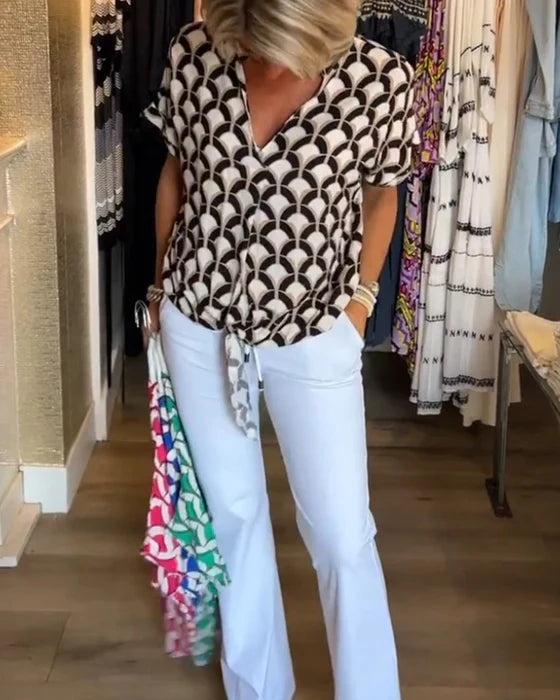 Navy London Stella - Casual Top With Print And V Neck