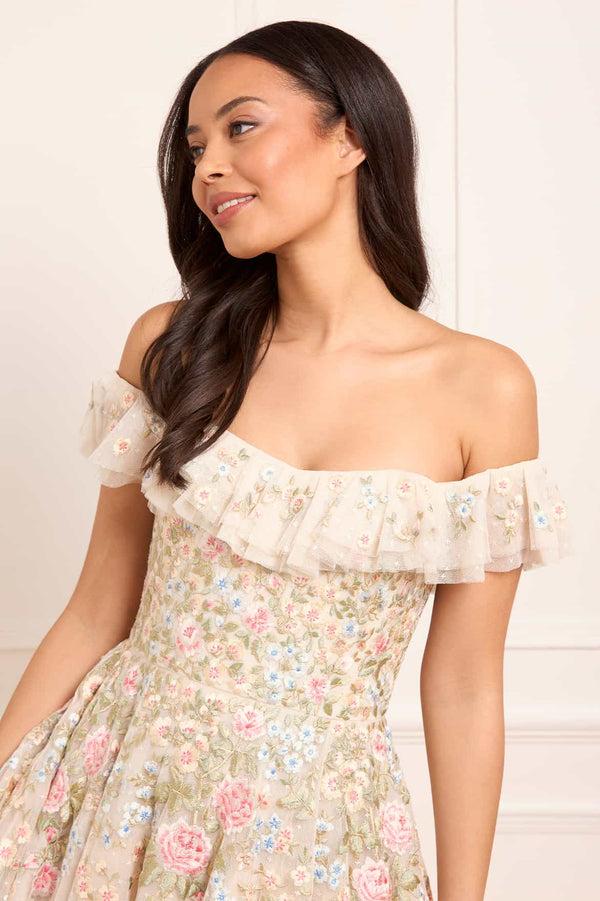 Needle & Thread Antoinettes Floral Off-Shoulder Micro Mini Dress