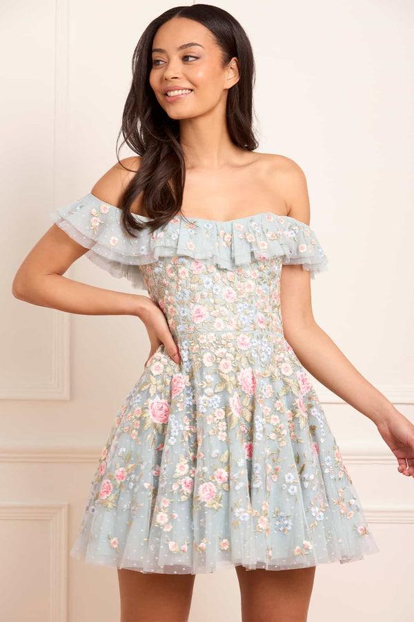 needle & thread Antoinettes Floral Off-Shoulder Micro Mini Dress