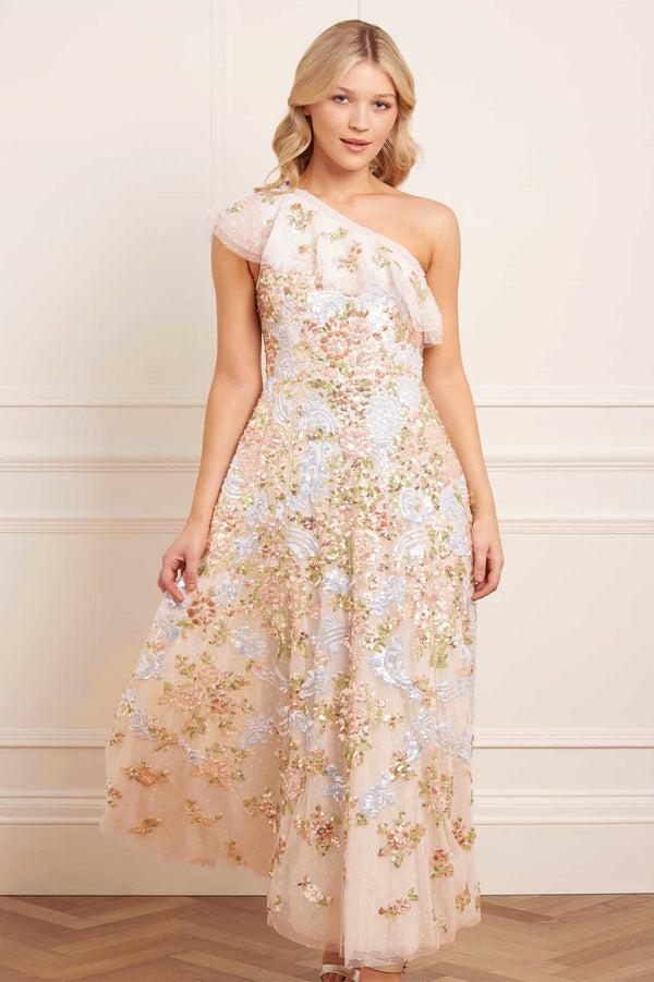 needle & thread Baroque Floral One-Shoulder Ankle Gown
