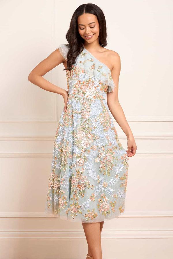 needle & thread Baroque Floral One-Shoulder Midaxi Dress