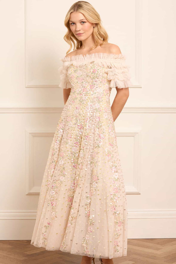 Needle & Thread Confetti Ruffle Off-Shoulder Ankle Gown