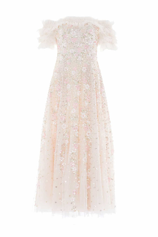 Needle & Thread Confetti Ruffle Off-Shoulder Ankle Gown