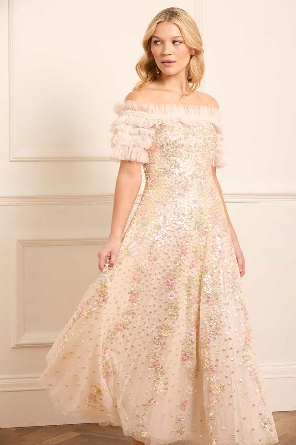 Needle & Thread Confetti Ruffle Off-Shoulder Ankle Gown