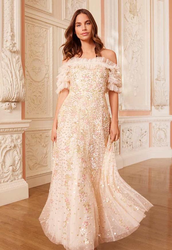 needle & thread Confetti Ruffle Off-Shoulder Ankle Gown