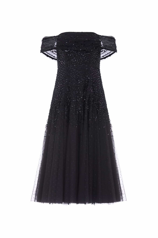 Needle & Thread Dappled Sequin Draped Off-Shoulder Midaxi Dress
