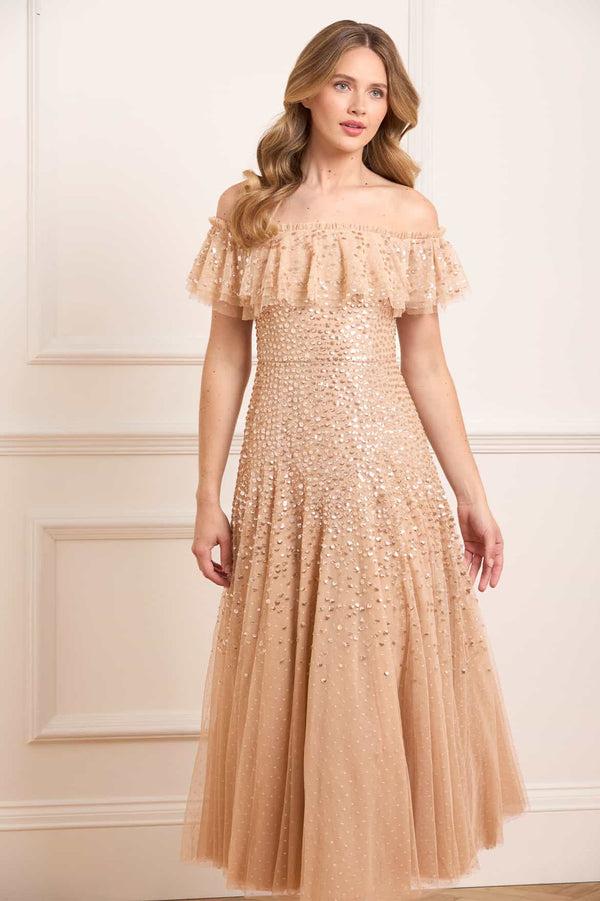 Needle & Thread Dappled Sequin Off-Shoulder Ankle Gown