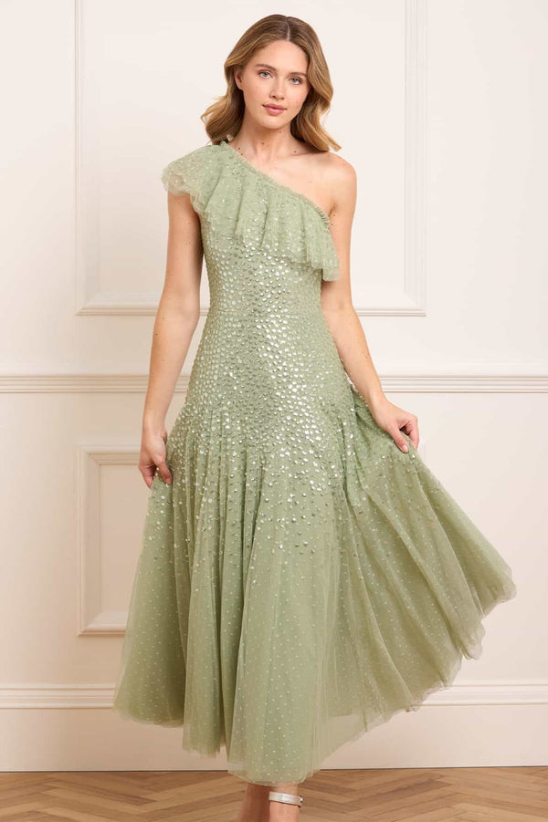 Needle & Thread Dappled Sequin One-Shoulder Ankle Gown