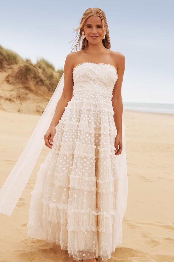 needle & thread Dot Shimmer Tiered Strapless Ankle Gown