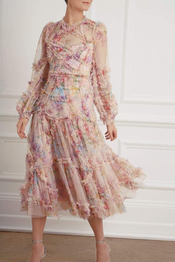 needle & thread Floral Diamond Ruffle Ballerina Dress