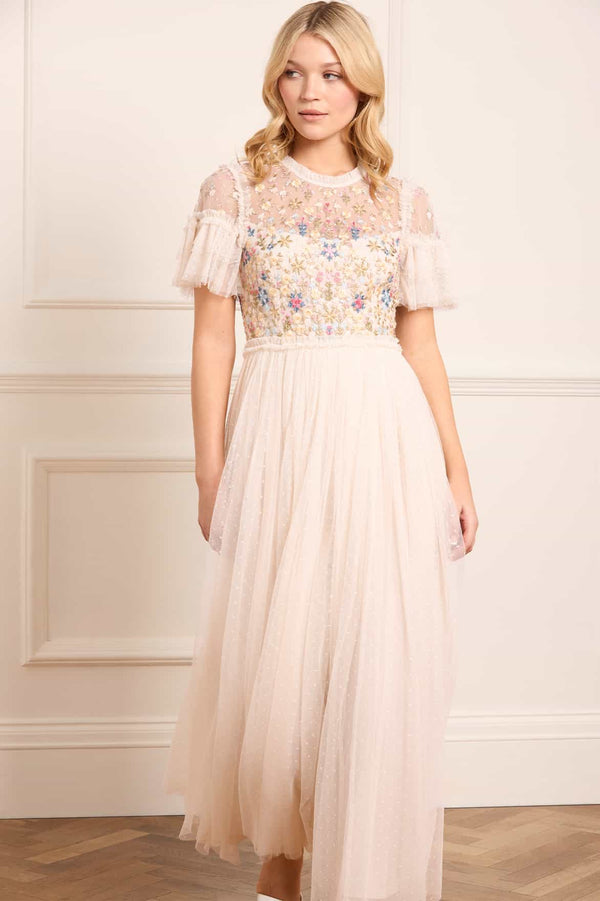 needle & thread Flowerbed Embroidery Bodice Round Neck Ankle Gown