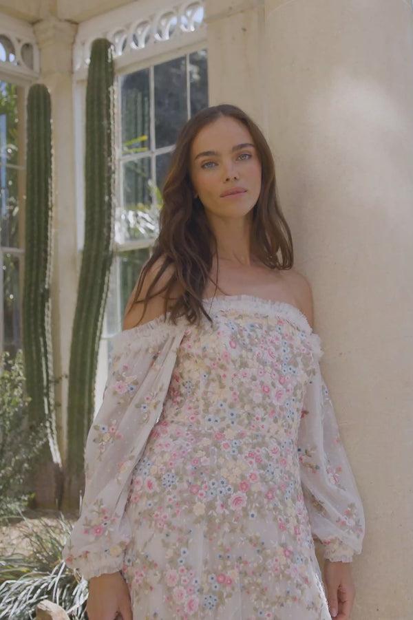 Needle & Thread Lunaria Wreath Off-Shoulder Long Sleeve Gown