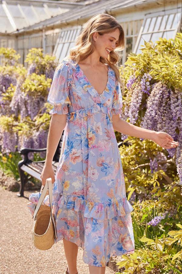 needle & thread Mariannes Floral Chiffon Short Sleeve Ballerina Dress