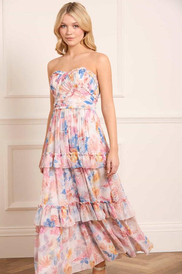Needle & Thread Mariannes Floral Chiffon Strapless Ankle Gown