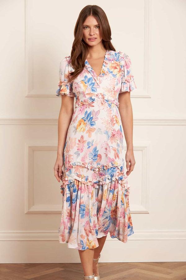 needle & thread Mariannes Floral Satin V-Neck Ballerina Dress