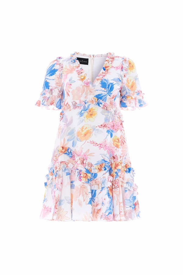 Needle & Thread Mariannes Floral Satin V-Neck Micro Mini Dress