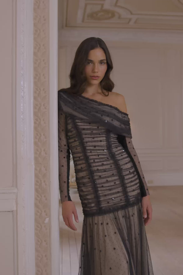 Needle & Thread Gigi Dot One-Shoulder Rouched Gown