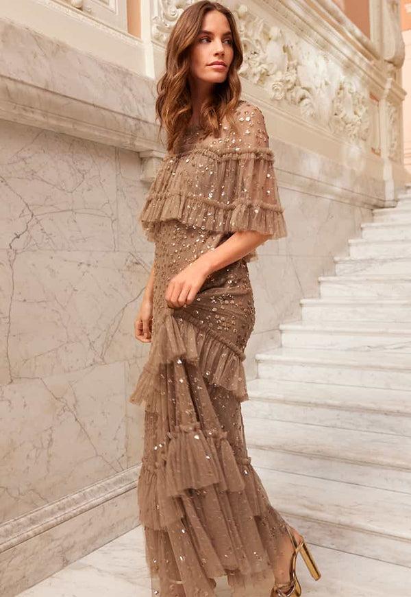 needle & thread Leila Dot Tiered Cape Ankle Gown