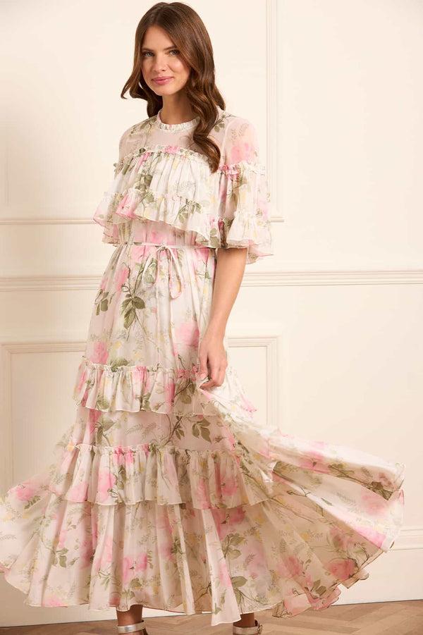Needle & Thread Rose Chiffon Tiered Cape Ankle Gown