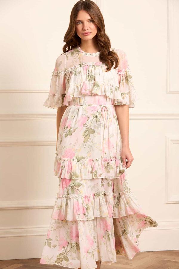 needle & thread Rose Chiffon Tiered Cape Ankle Gown