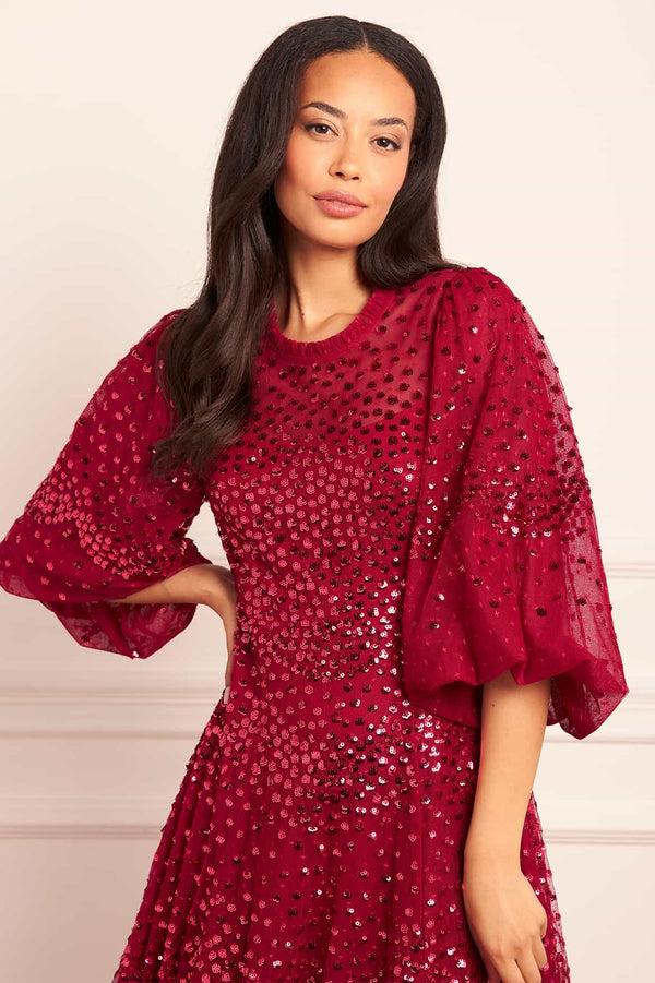 Needle & Thread Scallop Sequin Round Neck Ankle Gown