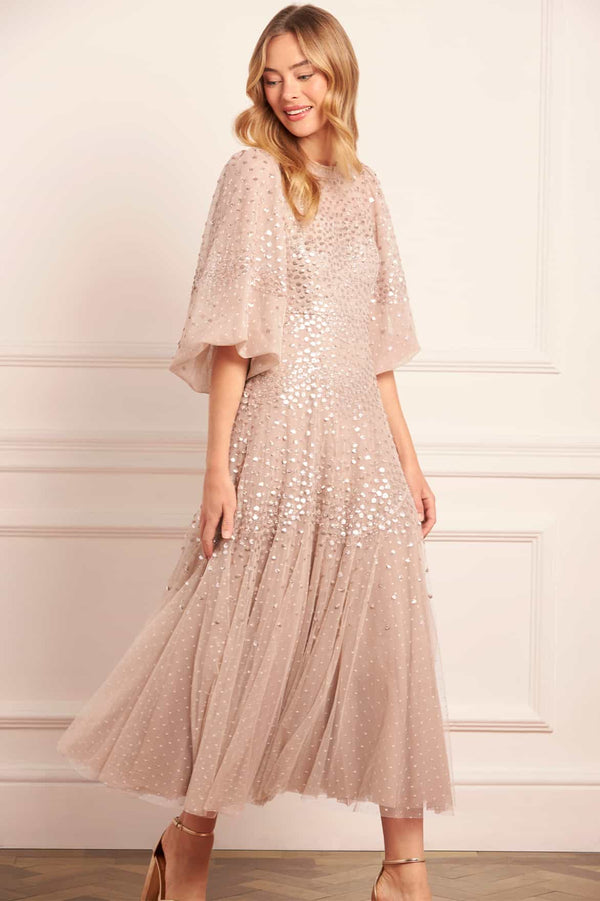 needle & thread Scallop Sequin Round Neck Ankle Gown