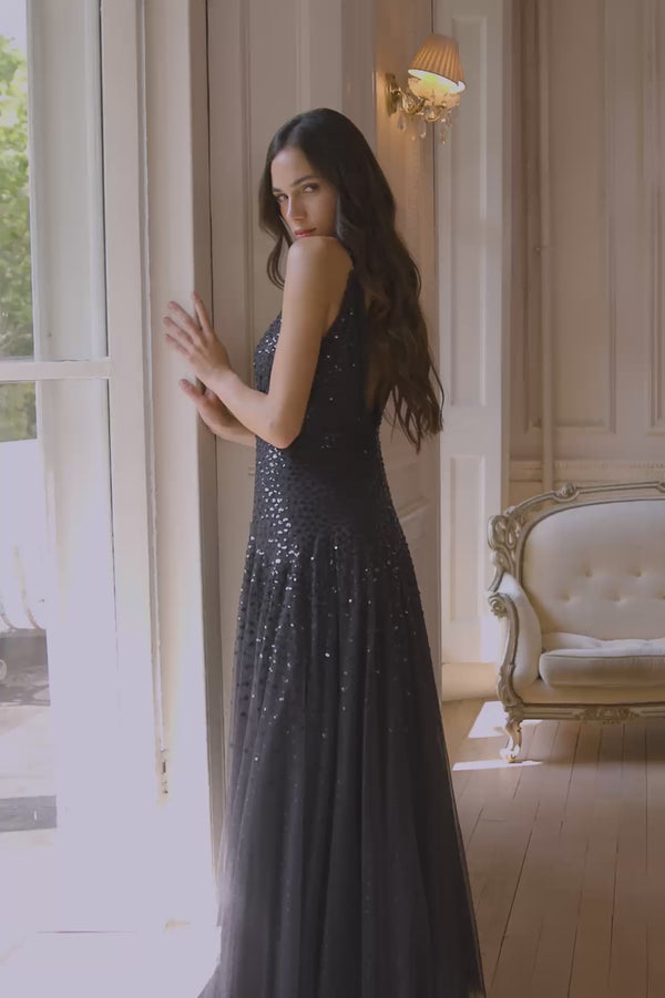 Needle & Thread Sequin Cascade Cami Plunge Gown