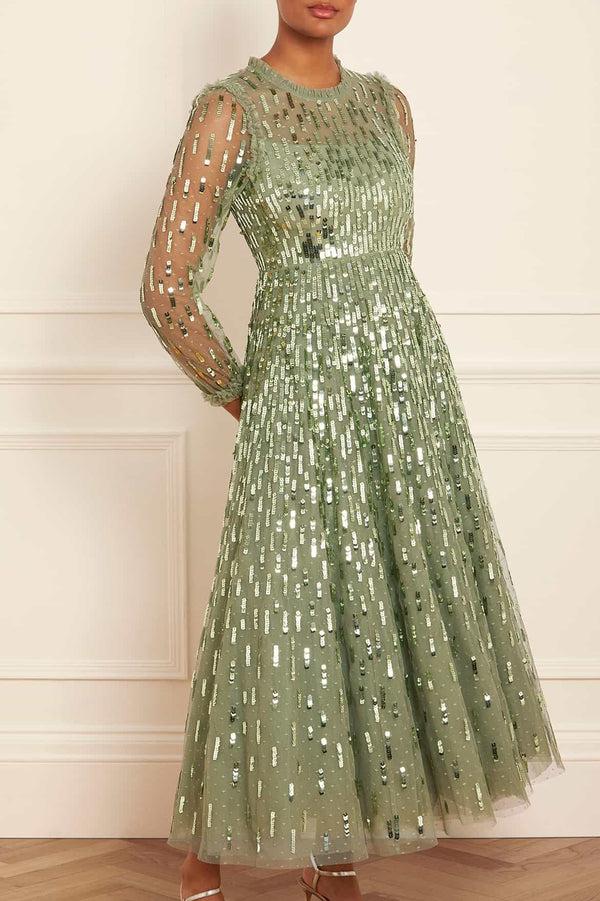 Needle & Thread Sequin Dash Long Sleeve Ankle Gown