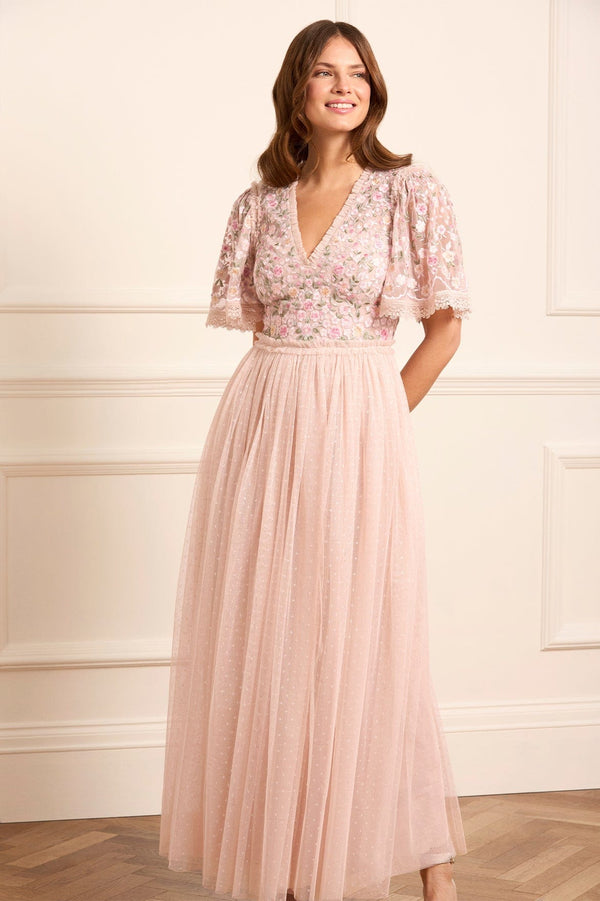 needle & thread Rosie Lace Bodice Short Sleeve V-Neck Ankle Gown