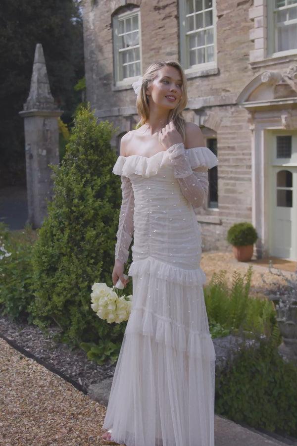 Needle & Thread Sequin Glimmer Rouched Off-Shoulder Gown