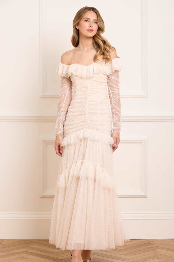 Needle & Thread Sequin Glimmer Rouched Off-Shoulder Gown