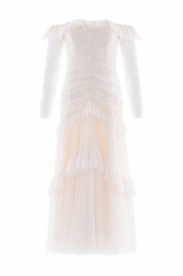 Needle & Thread Sequin Glimmer Rouched Off-Shoulder Gown