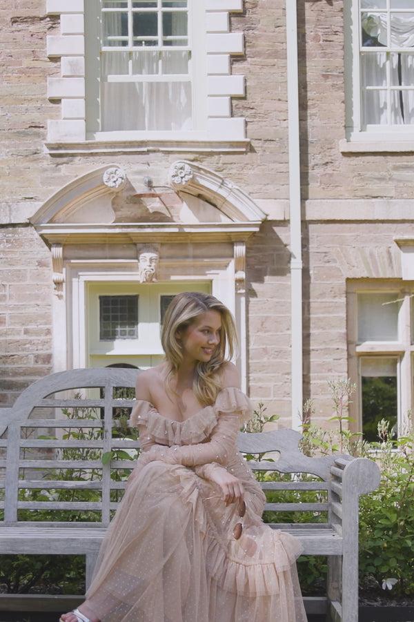 Needle & Thread Sequin Glimmer Rouched Off-Shoulder Gown