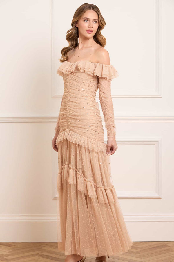 Needle & Thread Sequin Glimmer Rouched Off-Shoulder Gown