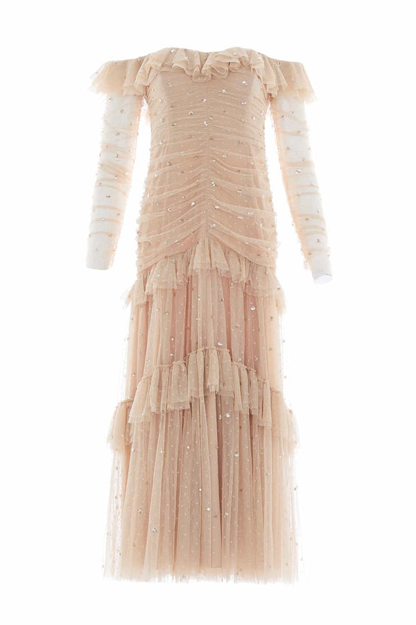 Needle & Thread Sequin Glimmer Rouched Off-Shoulder Gown