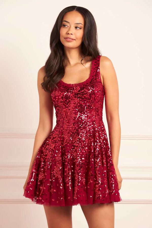 needle & thread Sequin Ribbon Scoop Neck Micro Mini Dress