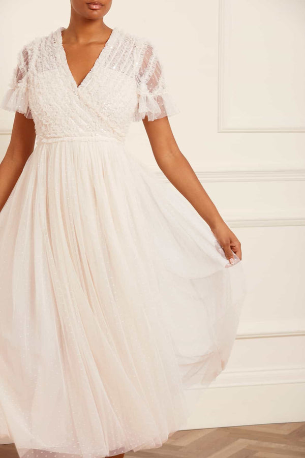 needle & thread Spiral Sequin Bodice V-Neck Ankle Gown