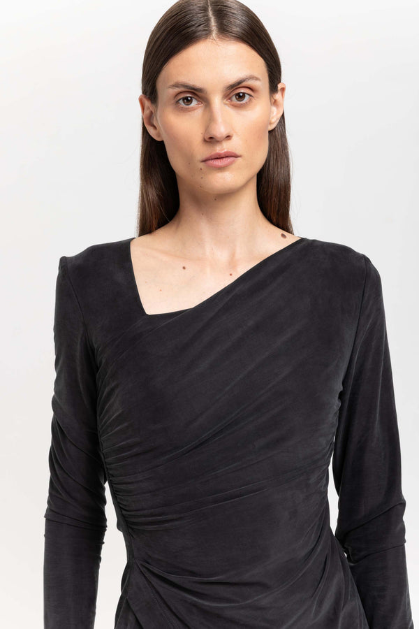Nehera Anthracite Cupro Jersey Asymmetric Ruched Top