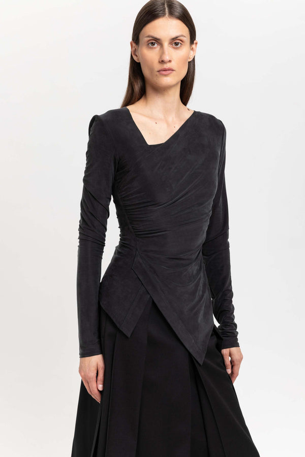 Nehera Anthracite Cupro Jersey Asymmetric Ruched Top
