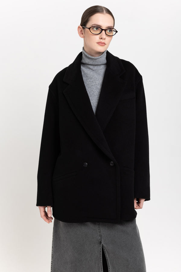 Nehera Black Plush Superfine Wool Relaxed Short Coat