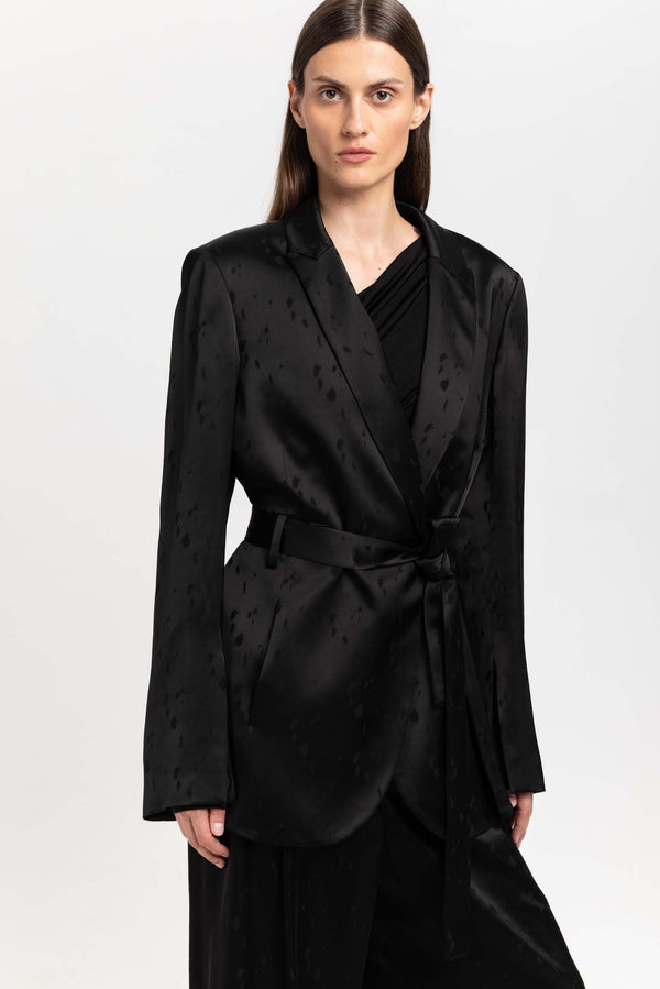 Nehera Black Viscose Jacquard Belted Evening Jacket
