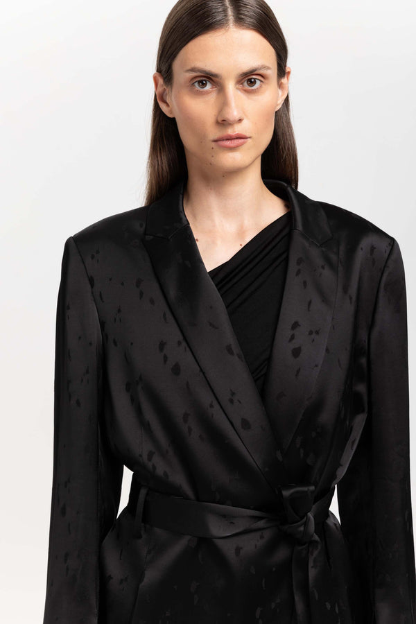 Nehera Black Viscose Jacquard Belted Evening Jacket