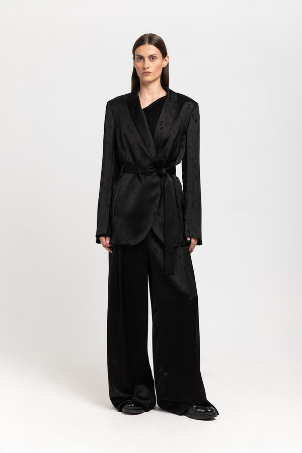 nehera Black viscose jacquard belted evening jacket