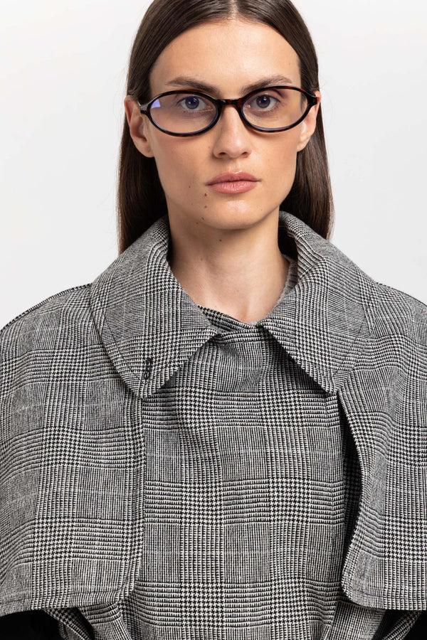 Nehera Black & White Checkered Wool Short Trench With Belt